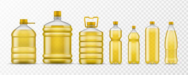 Vegetable oil bottle. Different packaging plastic bottles with yellow organic oil, natural ingredient healthy food, realistic vector mockups Vegetable oil bottle. Different packaging plastic bottles with yellow organic oil, natural liquid ingredient healthy food, realistic vector mockups essential oil stock illustrations