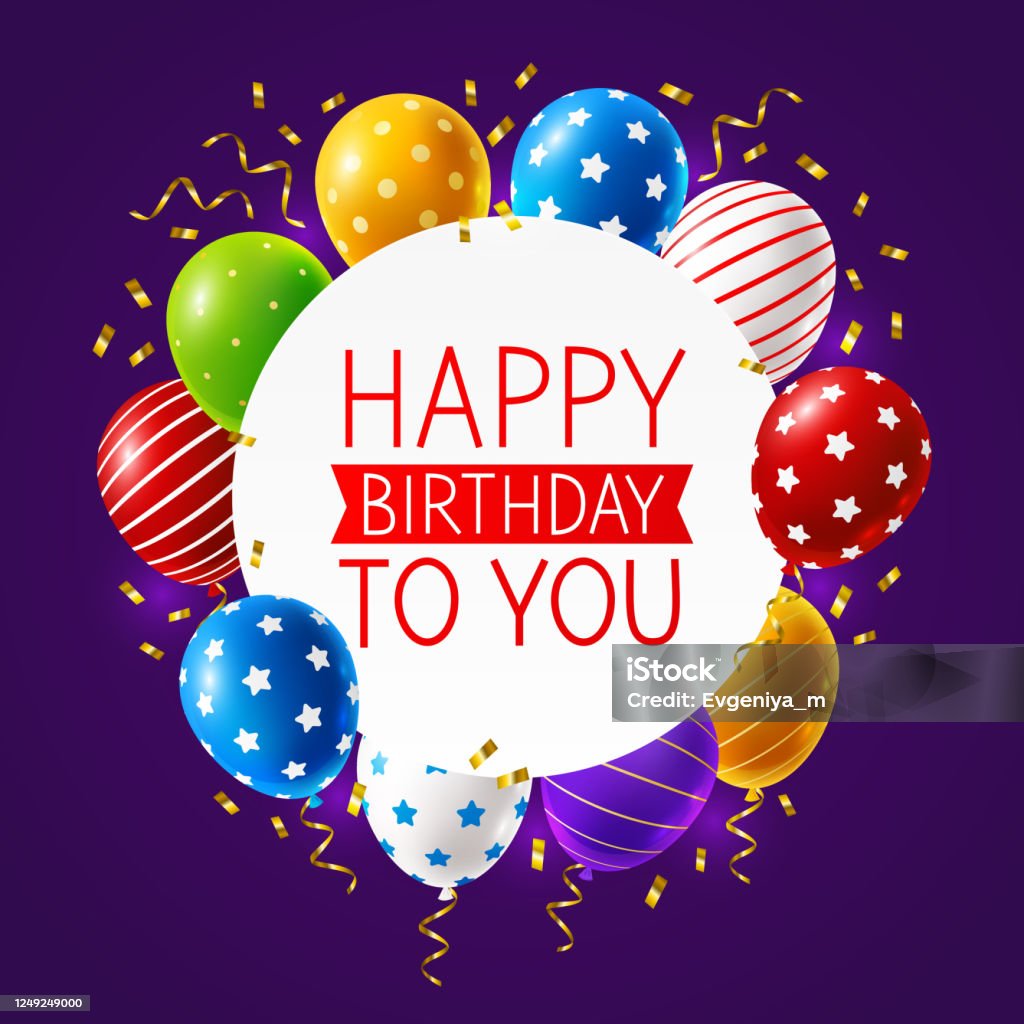 Birthday Greeting Card With Color Balloons And Confetti On Violet ...
