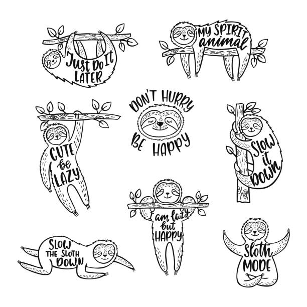 Print Set of sketch cartoon slothes with inspirational quotes. Hand drawn cute doodle vector illustrations. Positive animal typography designs for print, poster, tee shirt, wall art. meditation room stock illustrations