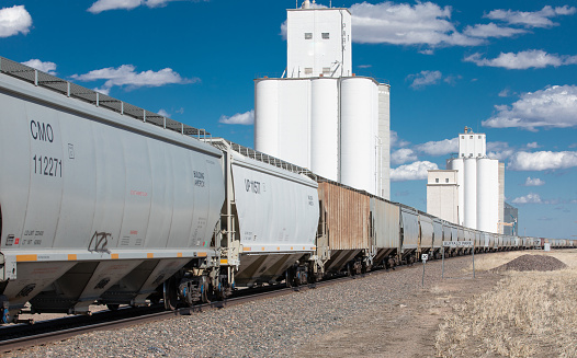 Grain hauling train is stopped at a large Kansas grain silo terminal