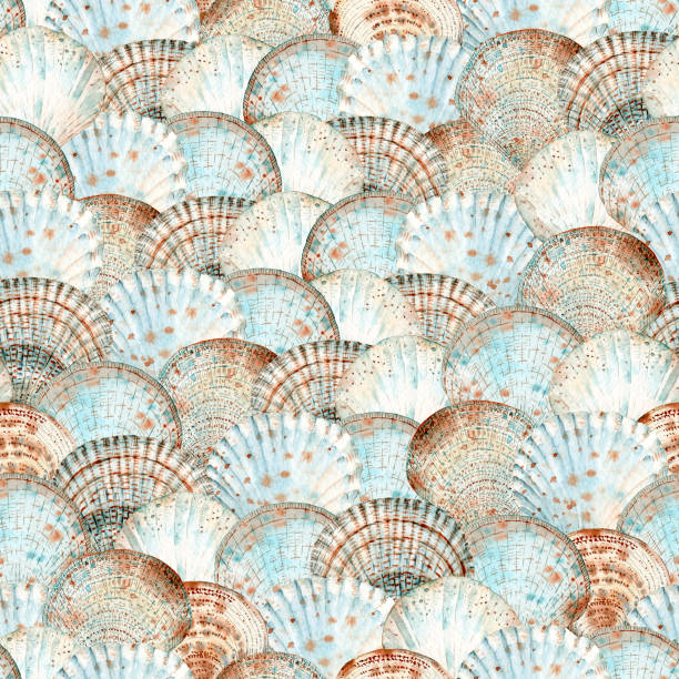 ラッパー、ノートカバー、テキスタイル、その他のデザインのための抽象的なスタイルの貝殻とシームレスな水彩パターン。 - pattern design element backgrounds shell点のイラスト素材／クリップアート素材／マンガ素材／アイコン素材