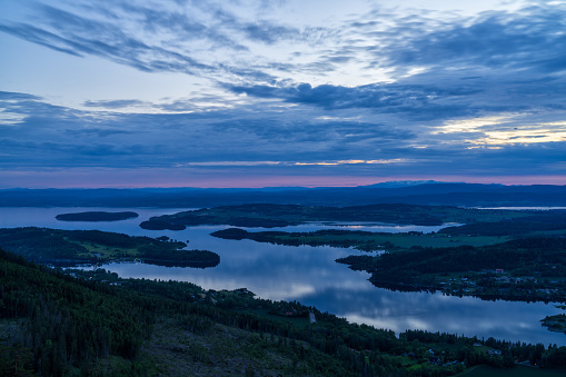 Sunset over Tyrifjorden called Lake Tyri from the viewpoint Kongens utsikt (royal view)