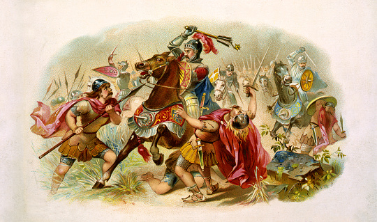 Vintage illustration features Roman soldiers in battle with the Teutonic Tribes during the Roman-Germanic wars.