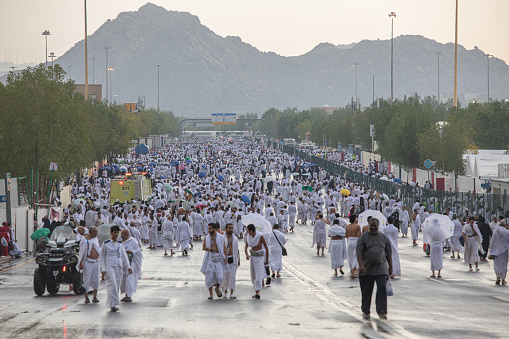 Hajj Pilgrims Performing Hajj, Rainy day, Arafat, Makkah, Saudi Arabia, August 2019