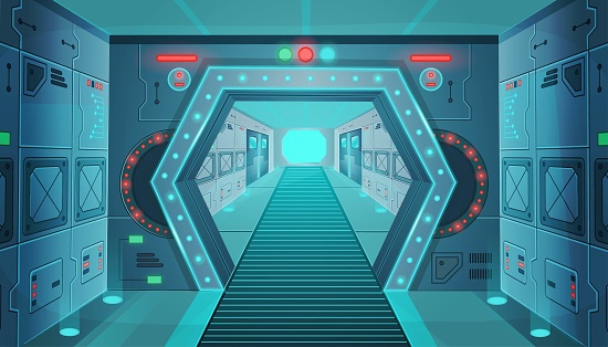 Corridor with a door in a spaceship.Vector cartoon background interior room sci-fi spaceship. Background for games and mobile applications.