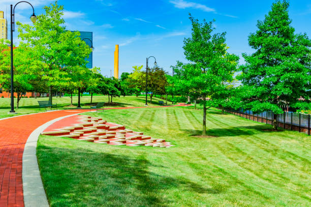 Brick path leads through park in Toledo, Ohio