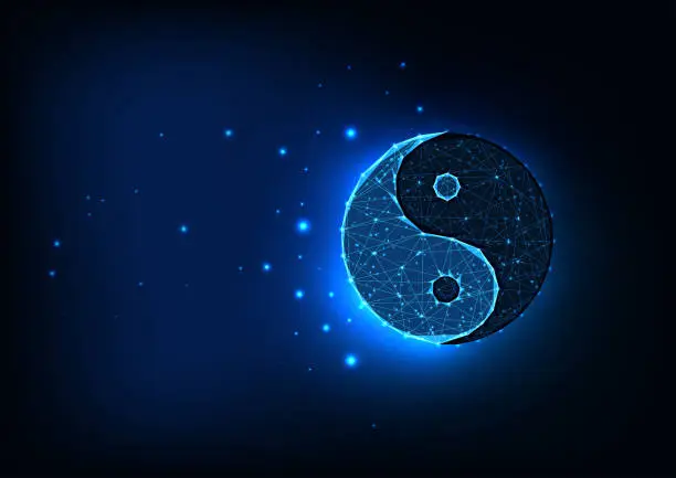 Vector illustration of Futuristic glowing low polygonal yin yang symbol isolated on dark blue space background.