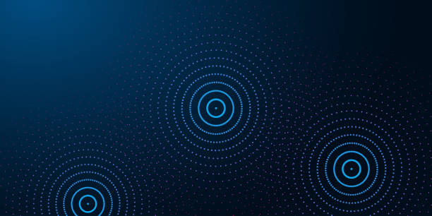 ilustrações de stock, clip art, desenhos animados e ícones de futuristic abstract banner with abstract water rings, ripples on dark blue background. - particles