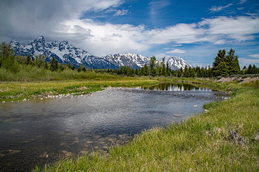 Teton snowcapped mountains and their reflections in still water