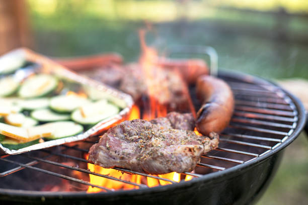 Close up photo of delicious meat and vegetableson a barbecue grill. Summer dinner outdoor. Picnic time in nature.