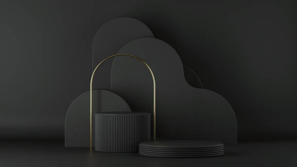 3d render, minimalist black background. Empty cylinder podium, vacant pedestal, round stage, showcase stand, product display, platform. Golden arch. Abstract elements. Copy space. Premium design