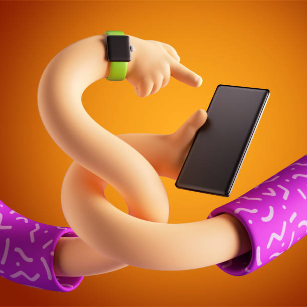 istock 3d render abstract digital technology, cartoon character tangled elastic hands hold smart phone, objects isolated on orange background. User experience. Blank gadget mockup. Surrealistic clip art 1249274493