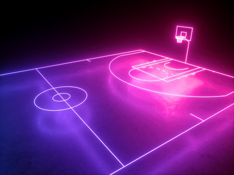 3d render, campo de baloncesto de neón esquema ángulo vista lateral, parque infantil deporte virtual, juego deportivo, línea brillante azul violeta rosa. Aislado sobre fondo negro. photo