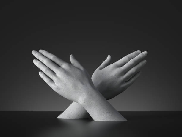 istock 3d render, sign language, mannequin crossed hands gesture isolated on black background. Modern minimal concept, simple clean design. Concrete sculpture. Artificial human limb 1249274591
