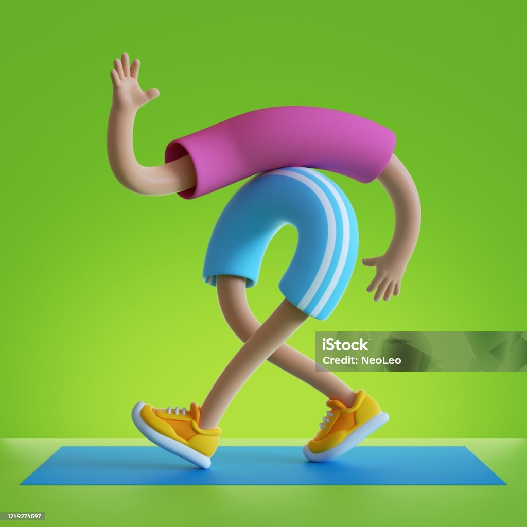 3d Render Cartoon Character Flexible Body Parts Hands And Walking Legs  Isolated On Green Background Physical Activity At Home Indoor Exercise  Routine On Red Mat Funny Surrealistic Sport Motivation Stock Photo -