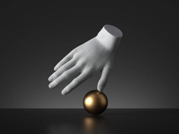 istock 3d render, mannequin hand balancing on golden ball, isolated on black background, minimal fashion concept, simple clean design. Human limb prosthesis. Sculpture art object 1249274623