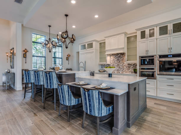 istock Split-level kitchen island in luxury Florida home 1249281395