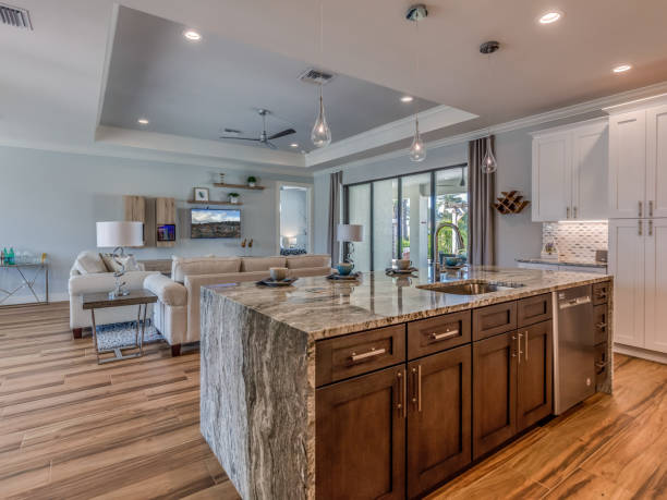 istock Luxury kitchen with waterfall countertop island 1249282665