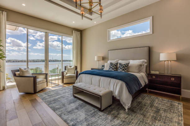 istock Full glass window wall in bedroom 1249282827
