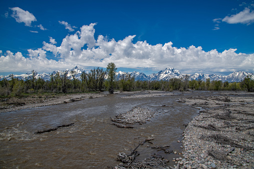 Scenic look at Tetons across a wide creek bed.