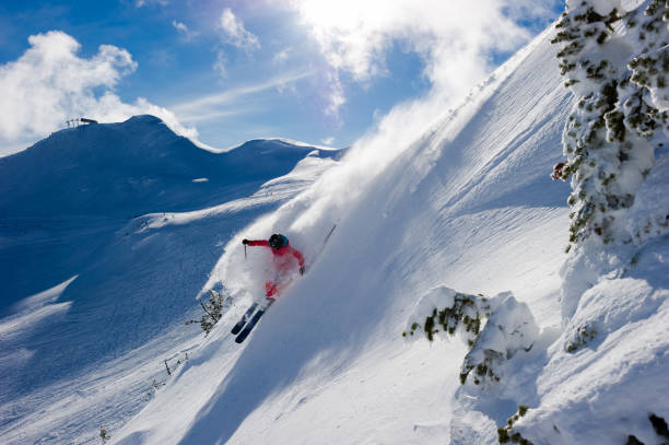 mulher esquiando pó fresco em férias de esqui - skiing winter sport powder snow athlete - fotografias e filmes do acervo