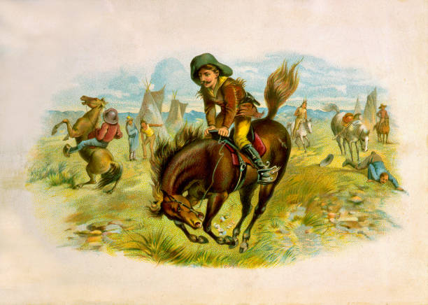 카우보이 에 a 버킹 말 - illustration and painting animal cowboy horse stock illustrations