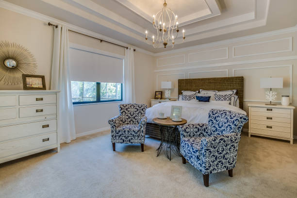 istock Blue and white colors in large bedroom 1249290881