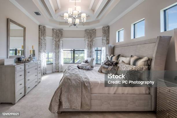 Beautiful Bedroom With Gray Furniture Stock Photo - Download Image Now - Luxury, Home Interior, Owner's Bedroom