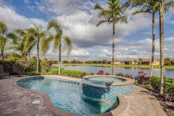 istock Kidney shaped pool with raised hot tub 1249292152