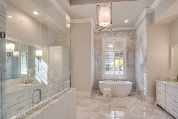 istock Luxurious all white marble and wood bathroom 1249292290