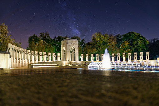 Night view of the World War II Memorial and its fountain on the National Mall, Washington, D.C.