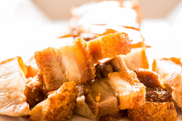 crispy pork with sauce in plate, Thai street food