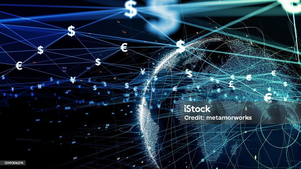 Financial technology concept. Fintech. Online banking. Foreign exchange. Global Communications Stock Photo