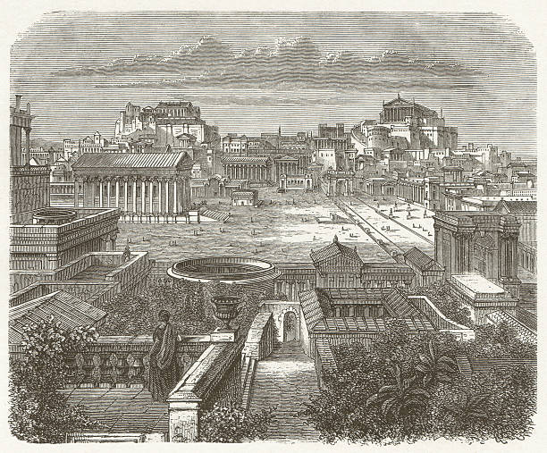 Ancient Rome, Forum Romanum, wood engraving, published in 1881 View of the Capitol and the Forum Romanum in Rome during ancient times. Visual reconstruction. Woodcut engraving, published in 1881. roman empire stock illustrations