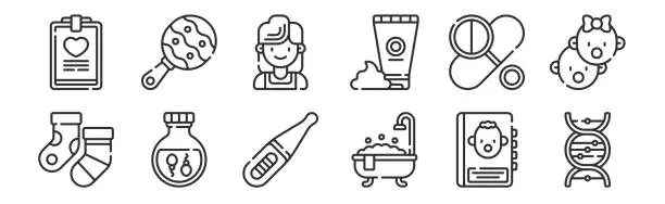 Vector illustration of set of 12 thin outline icons such as dna, bath tub, sperm, pills, mother, rattle for web, mobile