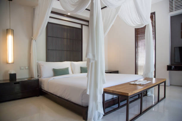 istock Simple contemporary bedroom with king size bed and mosquito net 1249311026
