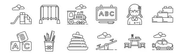 Vector illustration of set of 12 thin outline icons such as toy car, seesaw, pencil case, student, toy train, swing for web, mobile