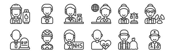 set of 12 thin outline icons such as paramedic, social care, soldier, lawyer, pharmacist, priest for web, mobile set of 12 thin outline icons such as paramedic, social care, soldier, lawyer, pharmacist, priest for web, mobile military funeral stock illustrations