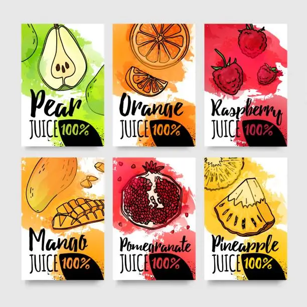 Vector illustration of Template design card of variation tastes of juice. Layout banner of fruit and berries with watercolor decoration. Brochure for organic natural drink. Flyers of fresh food for vegetarian menu. Vector