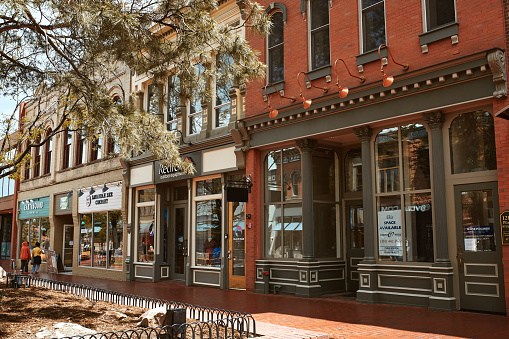 Boulder, Colorado - May 27th, 2020:  Shops, businesses and restaurants along Pearl Street Mall, a pedestrian mall in Boulder County.