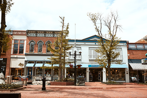 Boulder, Colorado - May 27th, 2020:  Shops, businesses and restaurants along Pearl Street Mall, a pedestrian mall in Boulder County.