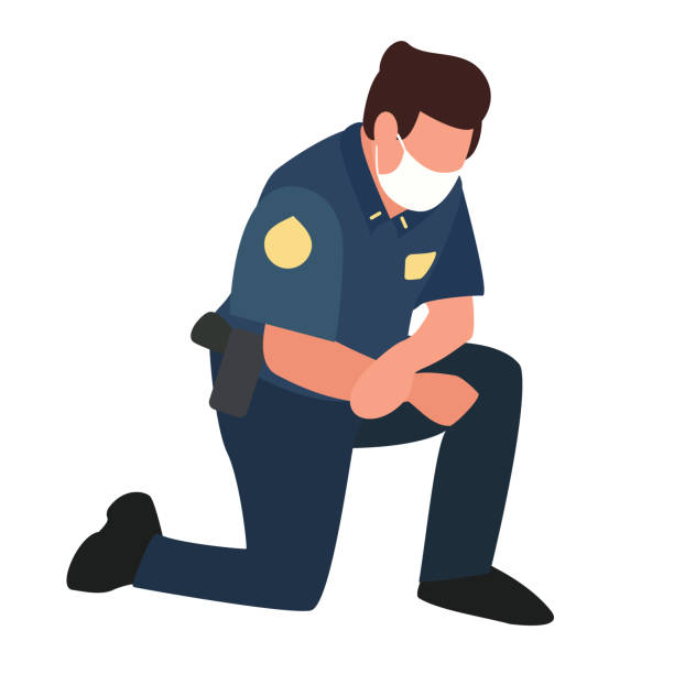 Police officer stepped out in support for George Floyd protesters by taking knee in show of solidarity. Policeman in mask kneels  in tribute to George Floyd. Isolated. Vector flat illustration Police officer stepped out in support for George Floyd protesters by taking knee in show of solidarity. Policeman in mask shows  support of action in tribute to George Floyd. Isolated. Vector george floyd protests stock illustrations