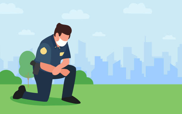 Take the knee. Police officer kneels on ground in tribute to George Floyd and victims of racism. Policeman in mask show support, solidarity. Background cityscape. Place for text. Vector illustration Take the knee. Police officer kneels on ground in tribute to George Floyd and victims of racism. Policeman in mask show support, solidarity. Background cityscape. Place for text. Vector illustration. george floyd protests stock illustrations