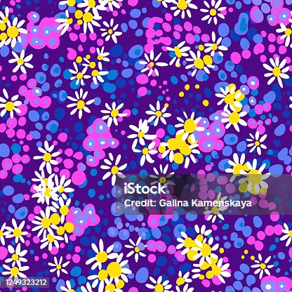 istock Bright nature summer floral background.  Seamless pattern made of small wildflowers, spotted doodle shapes. Daisy meadow field. Botanical ditsy illustration with modern flat design. 1249323212