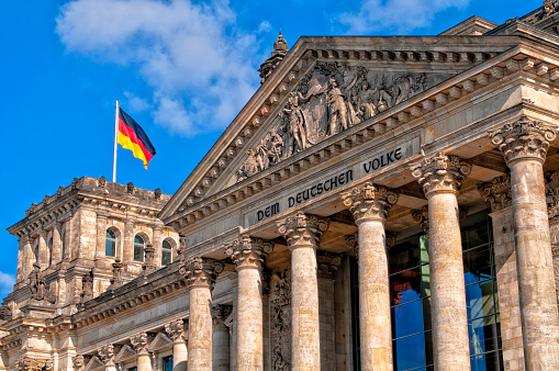 Berlin, Front of the German Reichstag building with the words \