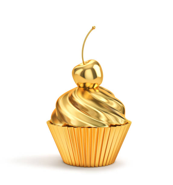 Golden cupcake with cherry isolated on a white