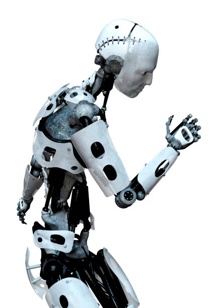 istock 3D illustration male robot on white 1249327804