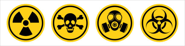 gefahrenwarnzeichen gelbes zeichen. strahlungszeichen, gasmaske, toxisches zeichen und bio-gefahr. vektorsymbol isoliert auf weißem hintergrund - toxic waste biochemical warfare biohazard symbol dirty stock-grafiken, -clipart, -cartoons und -symbole