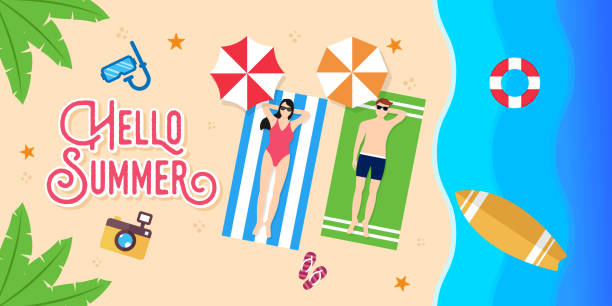 sommerurlaub am strand vector illustration. sommerurlaub vektor flache design-illustration. abstrakte sommer hintergrund-design-vorlage für banner, flyer, einladung, poster, broschüre. - romance travel backgrounds beaches holidays and celebrations stock-grafiken, -clipart, -cartoons und -symbole