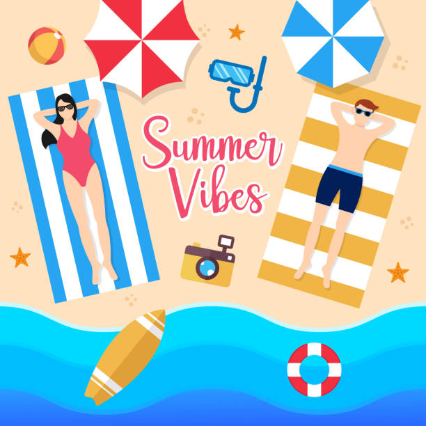 ilustrações, clipart, desenhos animados e ícones de férias de verão na praia ilustração vetorial. férias de verão ilustração de design plano vetorial. modelo de design de fundo de verão abstrato para banner, flyer, convite, pôster, folheto. - romance travel backgrounds beaches holidays and celebrations